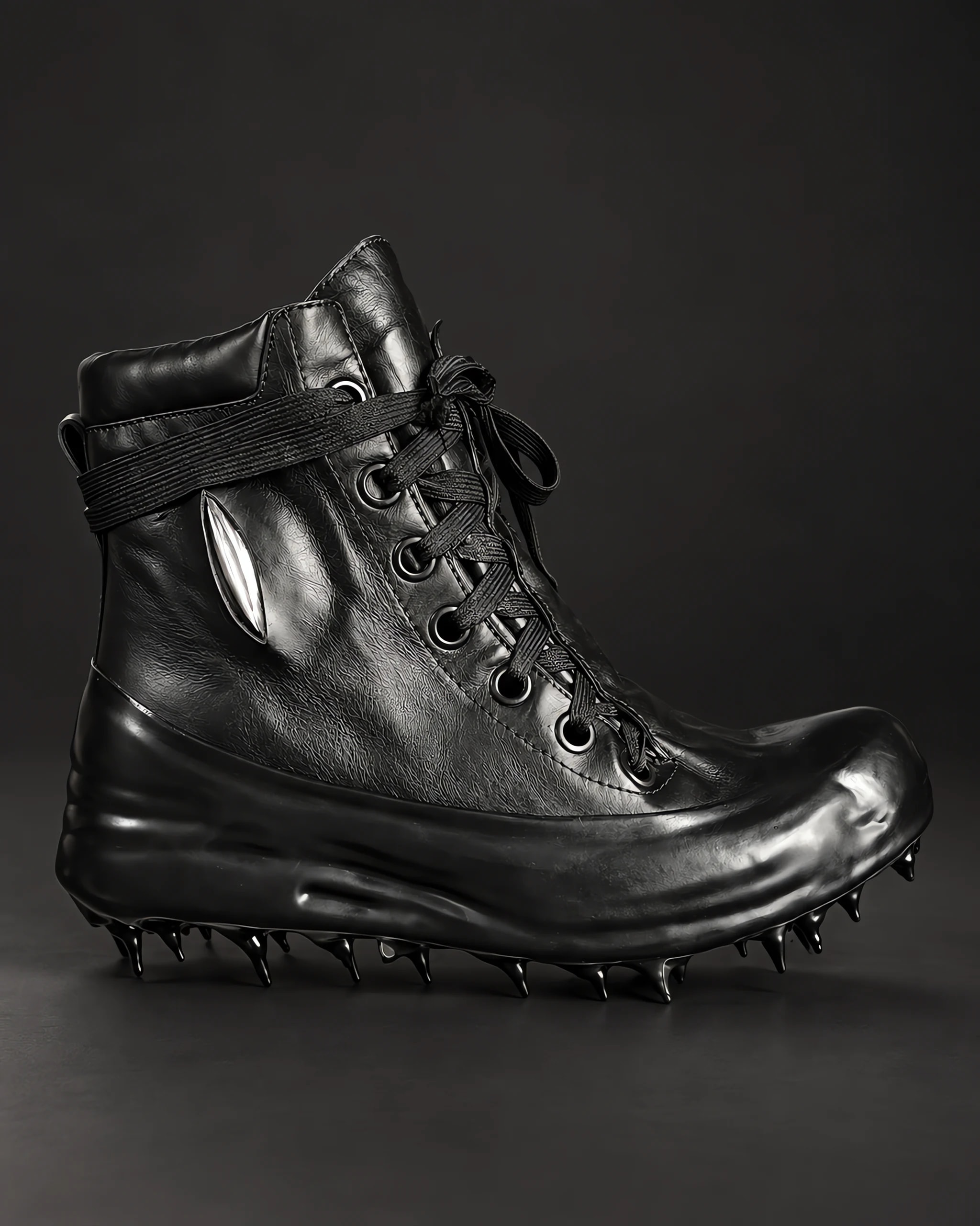 Black leather high-top boot with a sculpted spiked sole